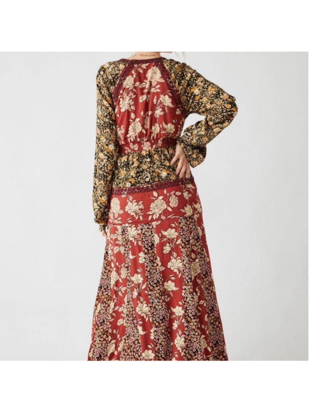 Floral Patchwork Wrap Maxi Dress - Rust - Picture 2 of 6